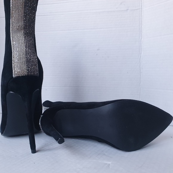 Steve Madden Wagu Black Suede Mid Calf Stiletto Booties w/ Rhinestone Back 7.5 - Picture 15 of 17